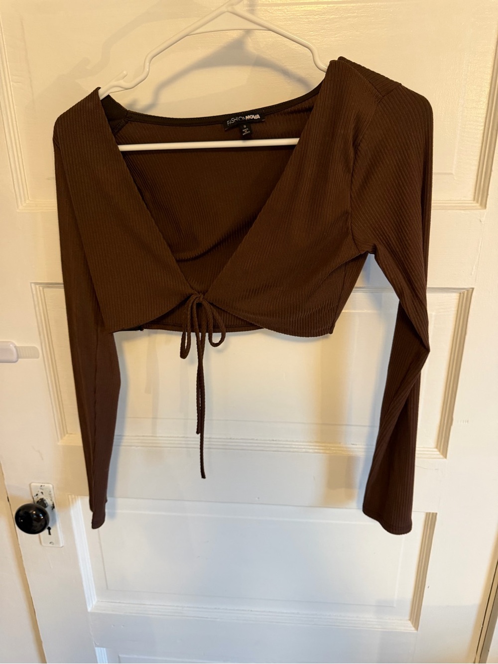 Fashion Nova Ribbed Tie-Front Crop Top & Pant Set - Brown